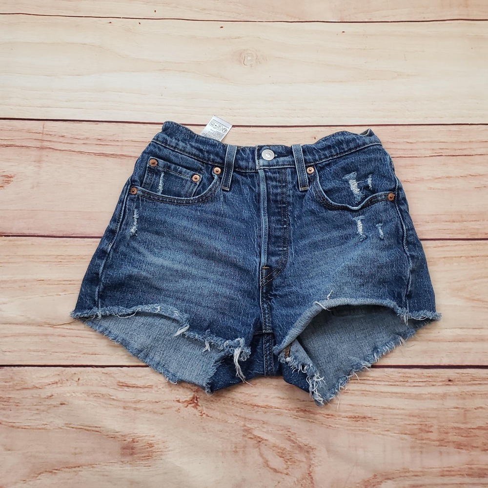Levis 501 Shorts Womens 24 Blue Denim Button Fly Distressed Raw Hem Cutoff